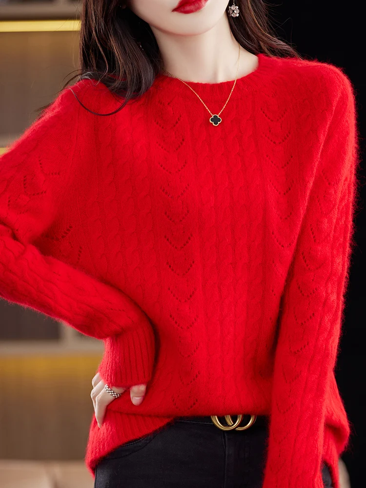 Mini Star Women's O-neck 100% Mink Cashmere Pullovers Sweater Hollow Out Raglan Sleeve Twist Flower Thick Knitwear Autumn Winter
