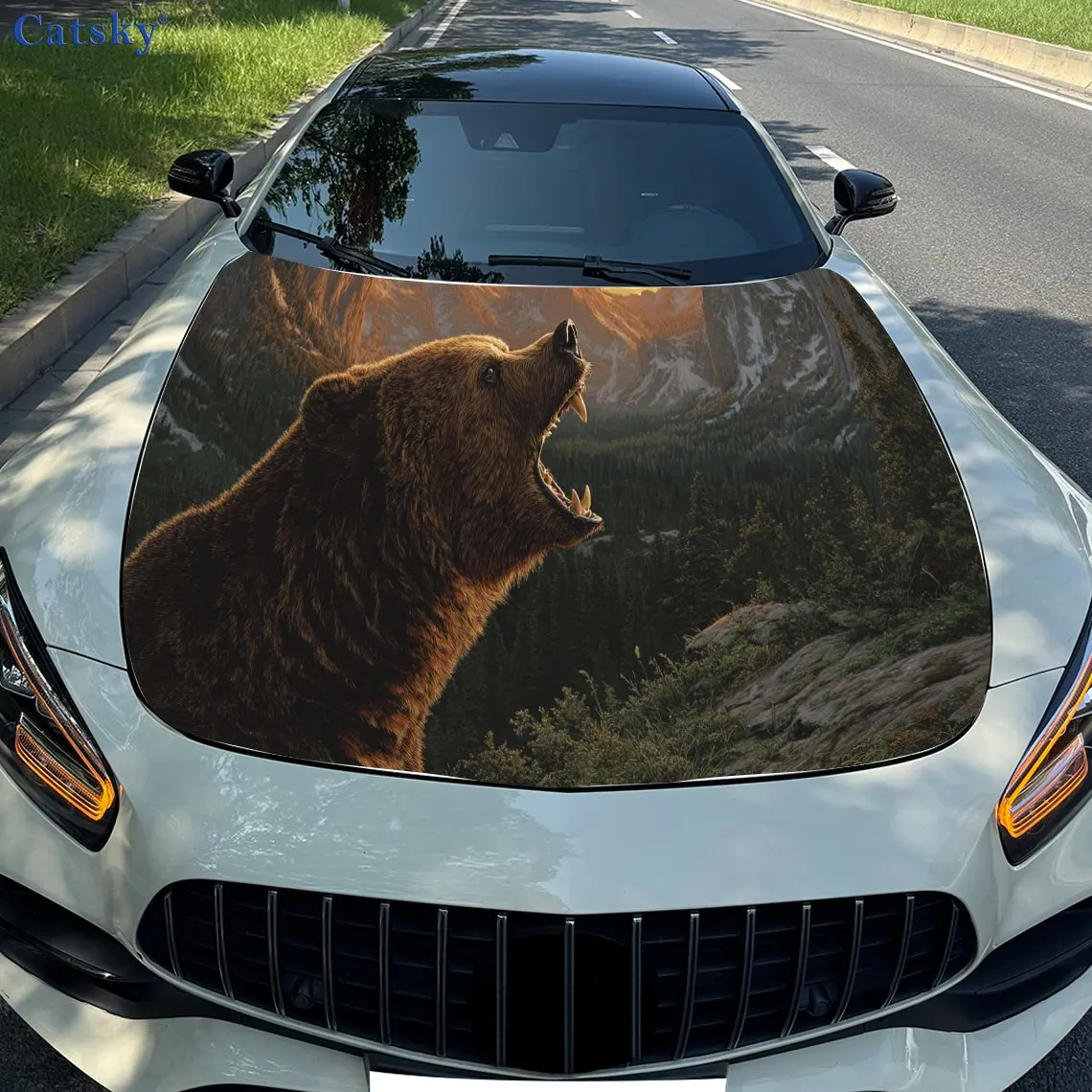 

Mountain Forest Angry Bear PVC Car Vinyl Wraps, Self-Adhesive Waterproof Car Hood Decal Sticker, Car Decoration Protection Stick