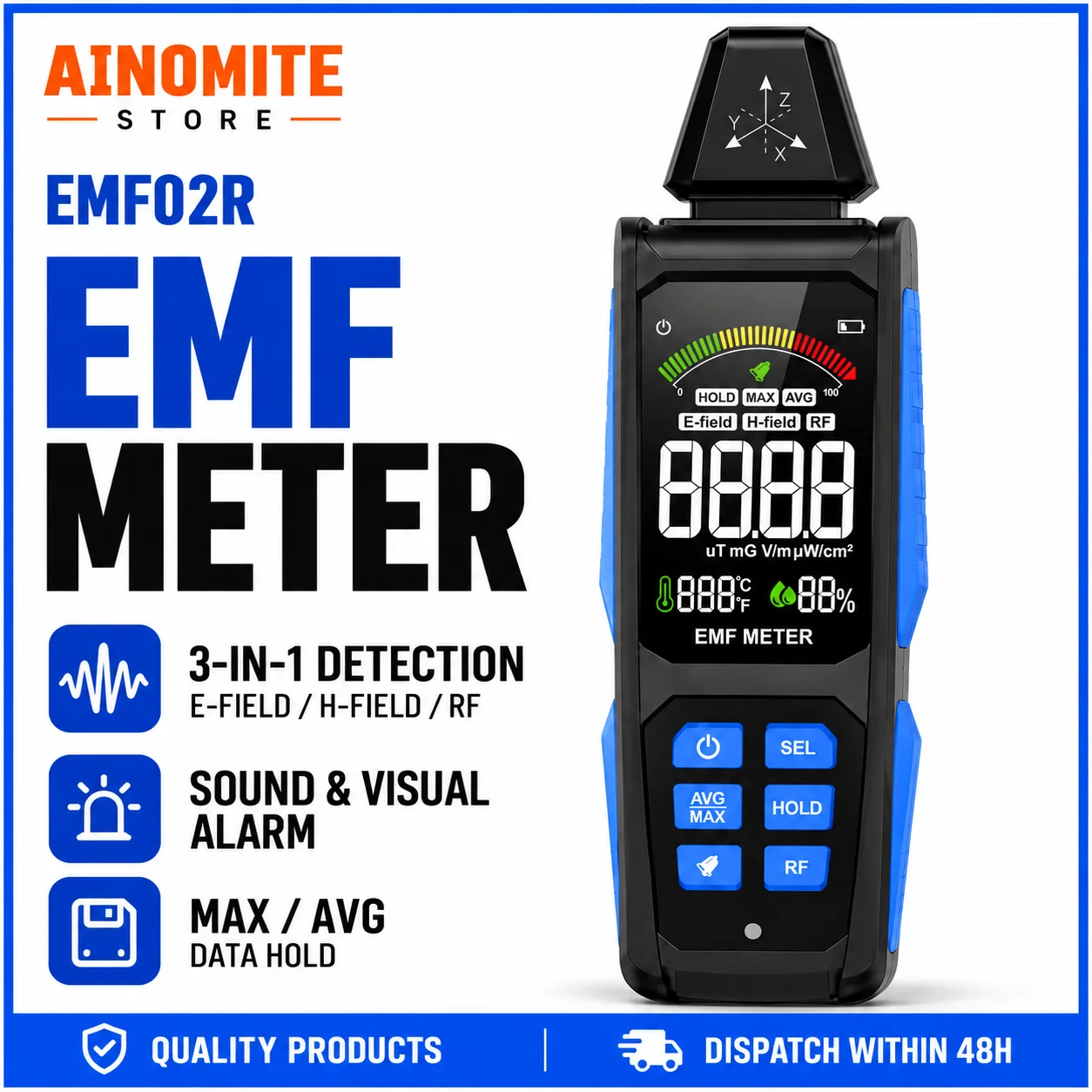 5-in-1 EMF Meter 30Hz-8GHz – RF/Magnetic/ELF Tester with VA Color Display, Sound/Light Alarm, Temp/Humidity, for Home/Safety
