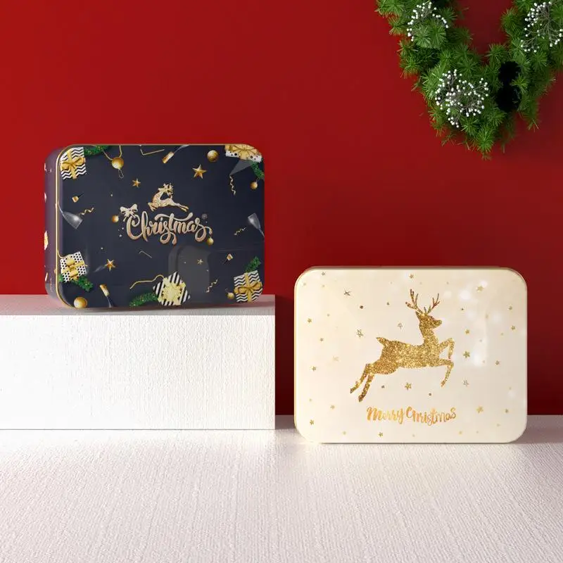 عيد الميلاد صفيح كاندي القصدير يمكن صندوق معدني الكرتون الأيائل سانتا كلوز رسالة مطبوعة عيد الميلاد الحلوى كوكي الشاي تخزين هدية القضية #2