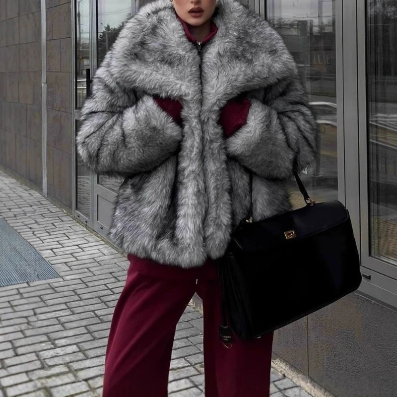 Casualowy płaszcz zimowy z imitacji futra w jednolitym kolorze, nowy model damski, moda uliczna, ciepły, z długimi rękawami, z klapami, elegancki, gruby płaszcz futrzany dla kobiet.