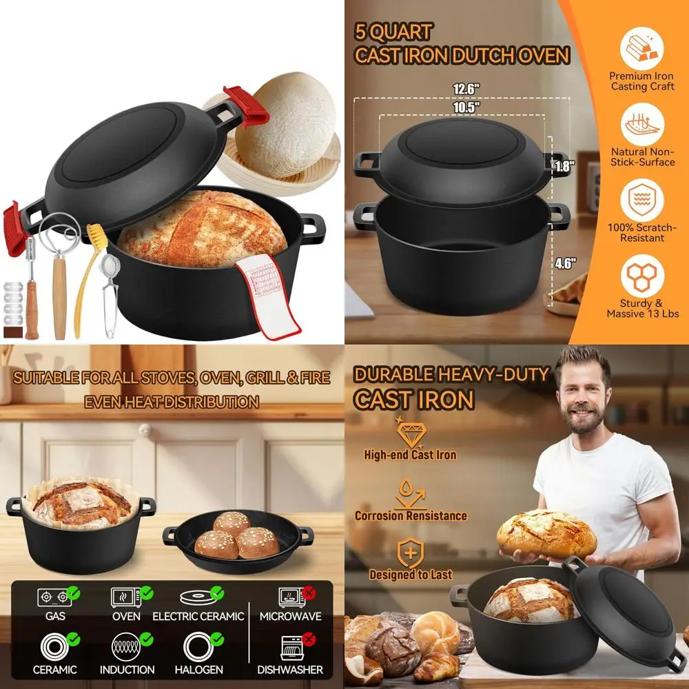 

2-in-1 Cast Iron Dutch Oven with Skillet Lid for Bread Baking and Sourdough Proofing, 5QT