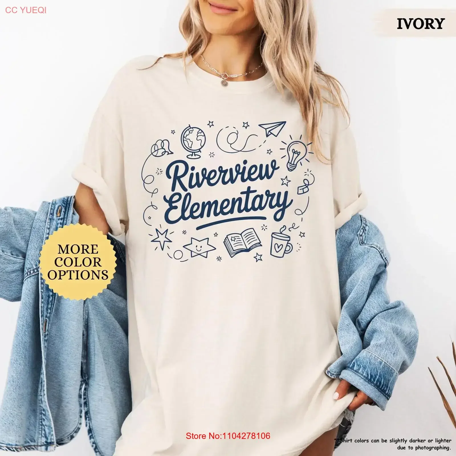 Custom School Name Doodle T Shirt Hand Drawn Doodles Personalized Elementary vintage Washed Soft graphic Top For Everyday Wear