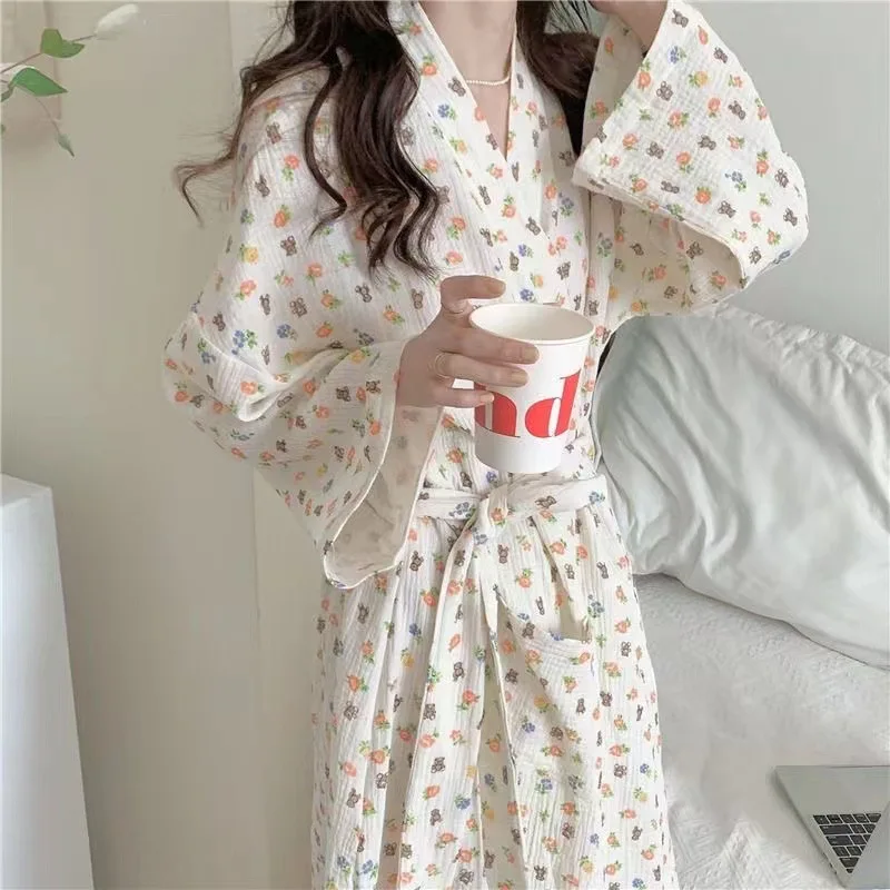 Roupão feminino com decote em v com babados, roupão, robe de quimono com cinto, vestido coreano noturno, madrinha, pijama único