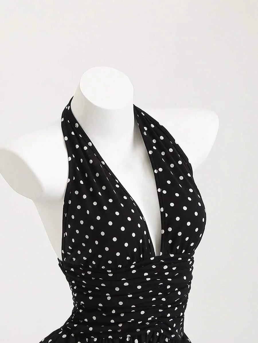 여름 신상 미국 스트리트 핫걸 클래식 프린팅 디자인 홀터 슬리브리스 숏 얇은 허리 케이크 스커트 여성용 INS 스타일