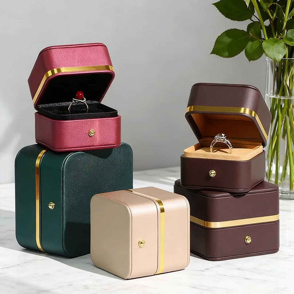 Luxury PU Leather Jewelry Box with Gold Trim for Ring Pendant Bangle Bracelet Jewelry Gift Packaging Round Corner Case Wholesale