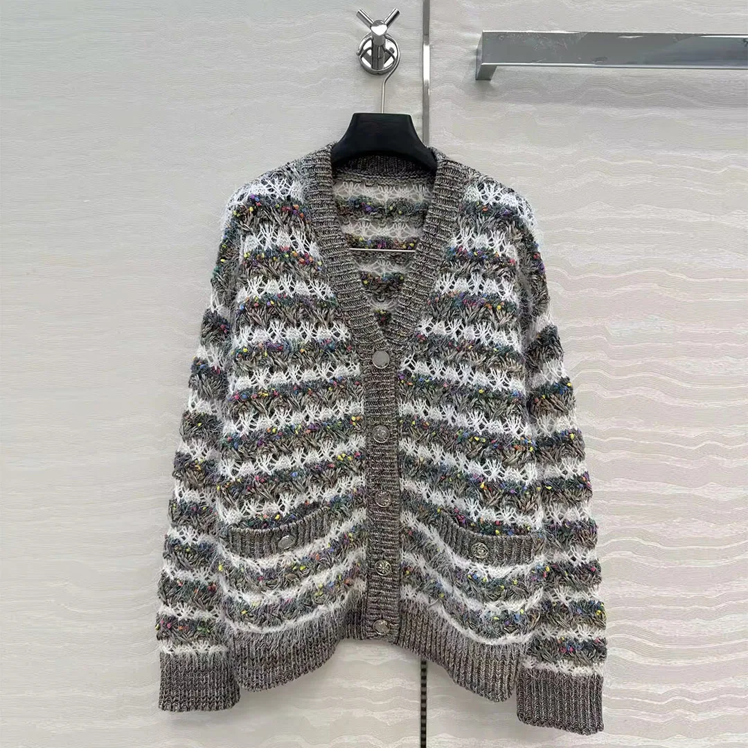 

2025 New Fashion Autumn Fluffy Mohair Knitted Cardigans Women V-neck Long Sleeve Stripes Pattern Casual Lazy Style Loose Sweater