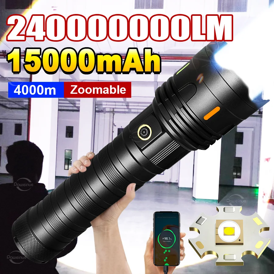 

NEW Ultra Bright 1500W Flashlight 4km Emergency Spotlight Most Powerful Led Tactical Flashlights Built-in Battery Camping Torch