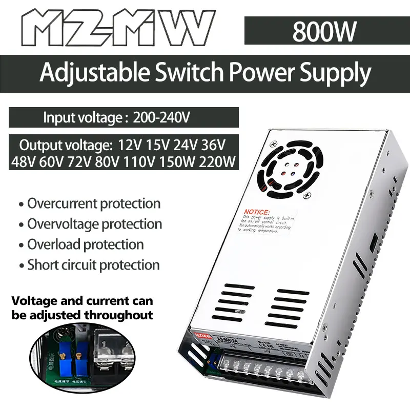 

Adjustable 800W Switching Power Supply 180-264VAC 0-15V 24V 36V 48V 60V 72V 80V 110V 220V Industrial Transformers Adapter SMPS