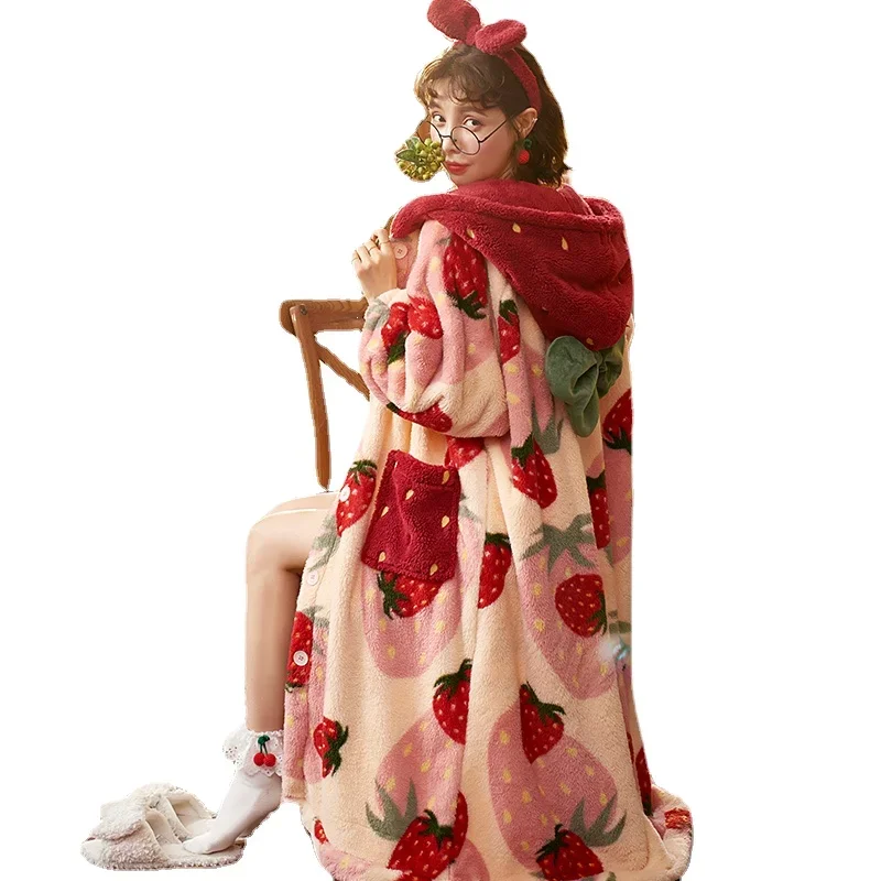 2023 Women Strawberry Nightgown Winter Flannel Sweet Hooded Sleepshirts Warm Cute Loose Cozy Thick Fashion Soft Women Nightwear