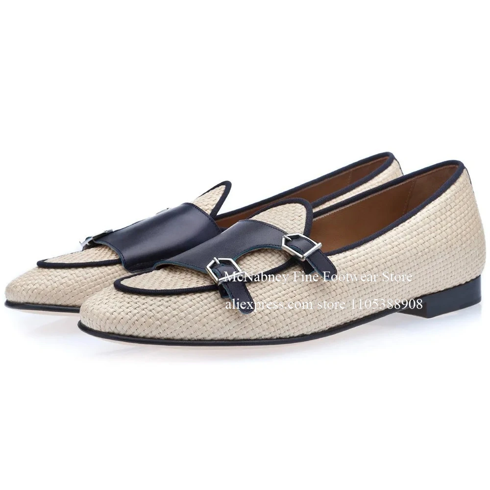 

White Rafia Patchwork Blue Double Monk Loafers for Men Woven Straw Slip on Shoe Casual Business Daily Flat Gentlemen Dress Shoes