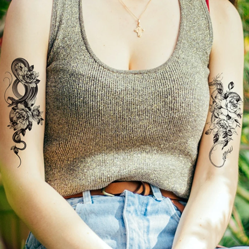 Temporary Tattoo Sketch Line Black Snake Dragon Rose Flowers Fake Tattoo Sticker Arm Sleeve Thigh Sexy Women Body Art Waterproof