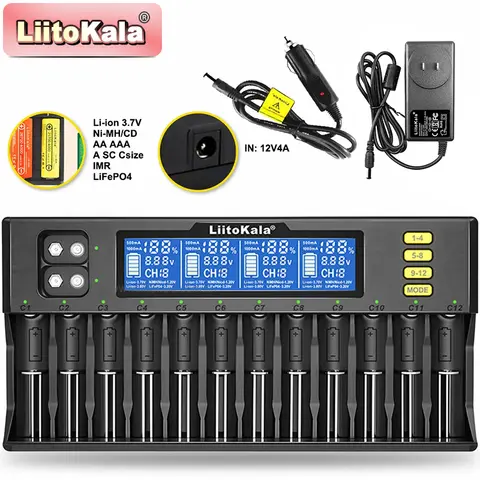 LiitoKala Lii-S12 스마트 충전기 12베이, AA AAA Ni-MH Ni-Cd 배터리용, LCD 디스플레이, 자동 감지 및 안전 보호 기능 포함