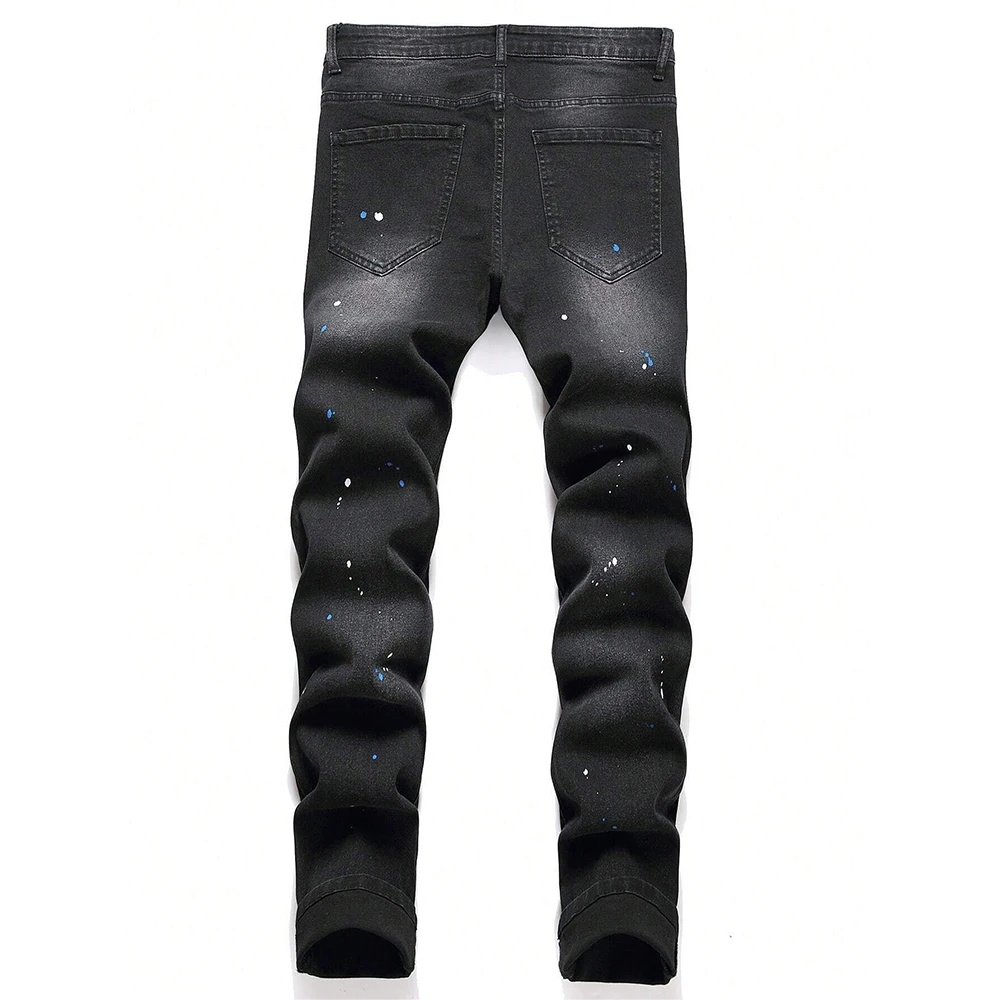 Men's Y2K Fashion Ripped Patchwork Hole Straight Black Jeans Slim Fit Stretchy Skinny Denim Pants Casual Hip Hop Brand Trousers