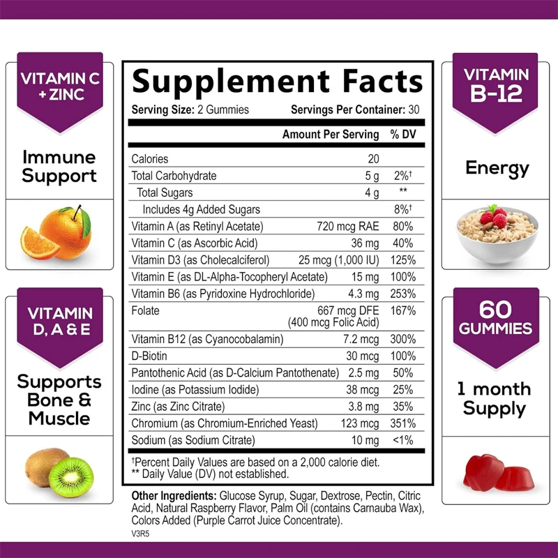 Multi vitamin gummies, adult daily vitamins, male and female multivitamins, supporting immune health, non GMO-60 gummies