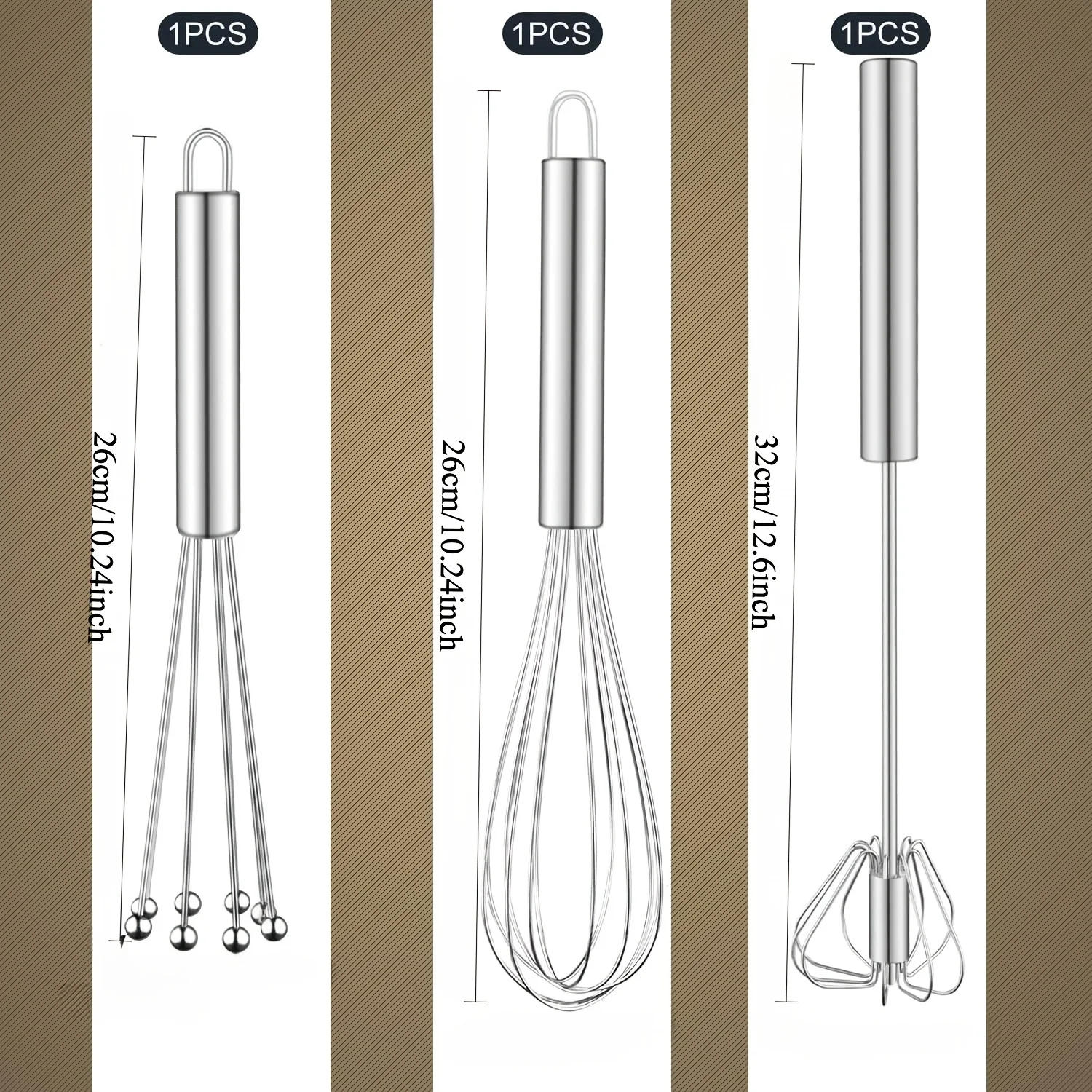 Stainless Steel Whisk Set (3-Piece) – Includes Balloon Whisk, Flexible Whisk with Beads, and Semi-Automatic Whisk - view 6