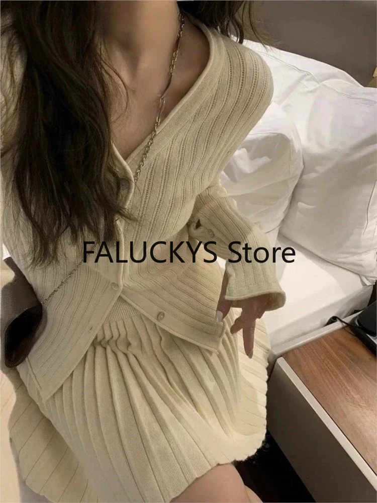 Elegant Two-piece Solid Skirt Sets Women V-neck Long Sleeves  Knitted Cardigan + Mini Pleated Skirt Autumn Y2K Korean Chic Suit