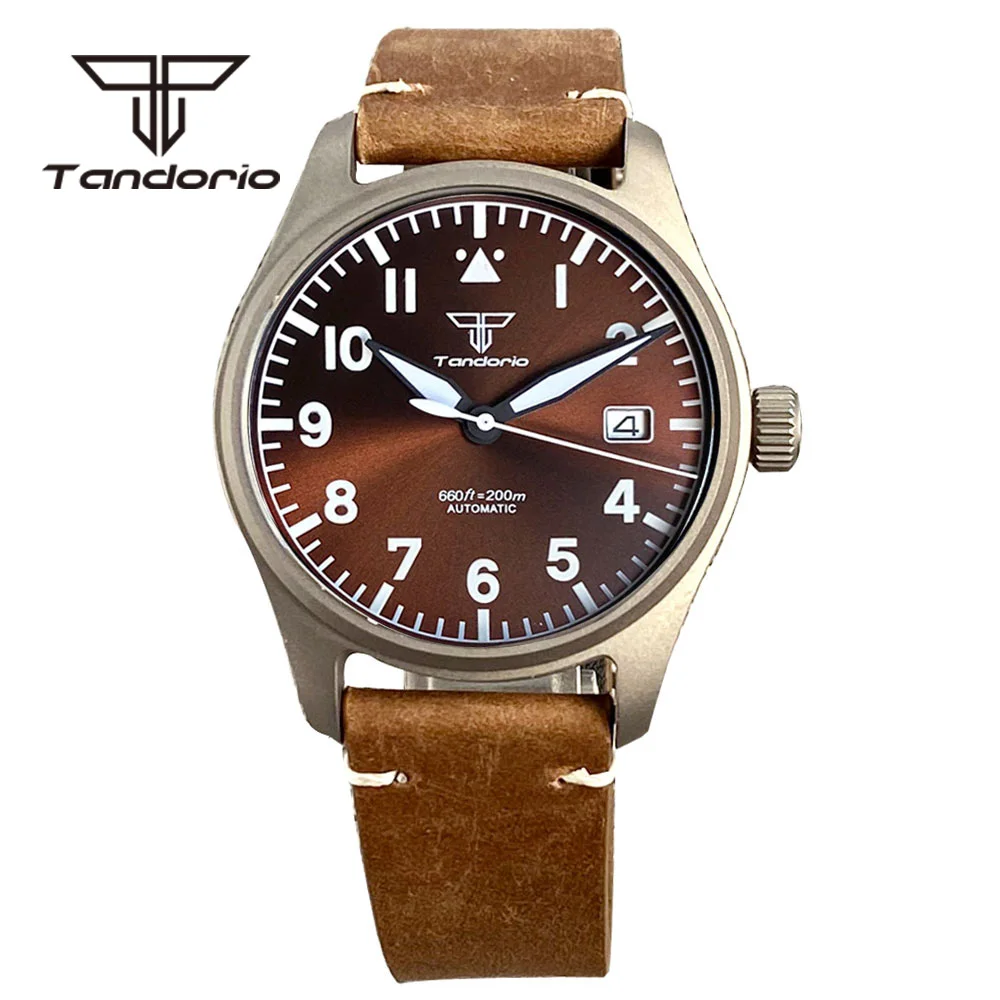 Tandorio 39mm Titan Material Fall 200m Dive Pilot Automatische Uhren für Männer Sapphire Glas Schraube Krone Leder Grün leucht