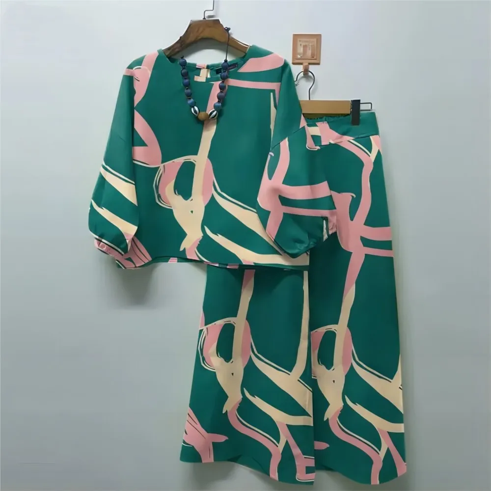 Vintage Round Neck Shirt And Wide Leg Pants Two-piece Set For Women 2024 Autumn Geometric Print Casual Top Wide Leg Pants Outfit