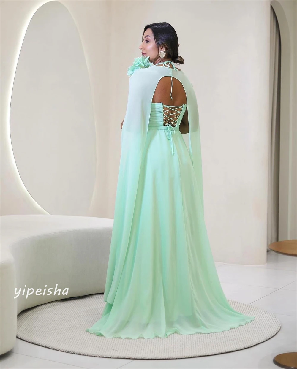 Chiffon Flower Sash Ruched Valentine's Day A-line O-Neck Bespoke Occasion Gown Long Dresses