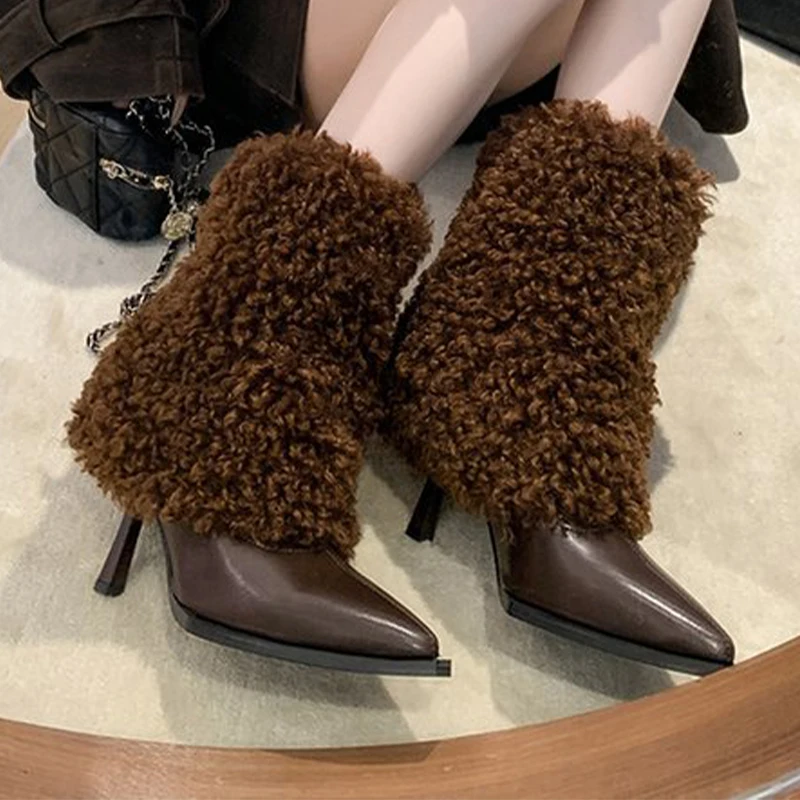

Pointed Toe Women Ankle Boots Fur High Heels Sexy Shoes Woman Luxury 2025 Winter Warm Boots Fashion Pumps Designer Mujer Botas