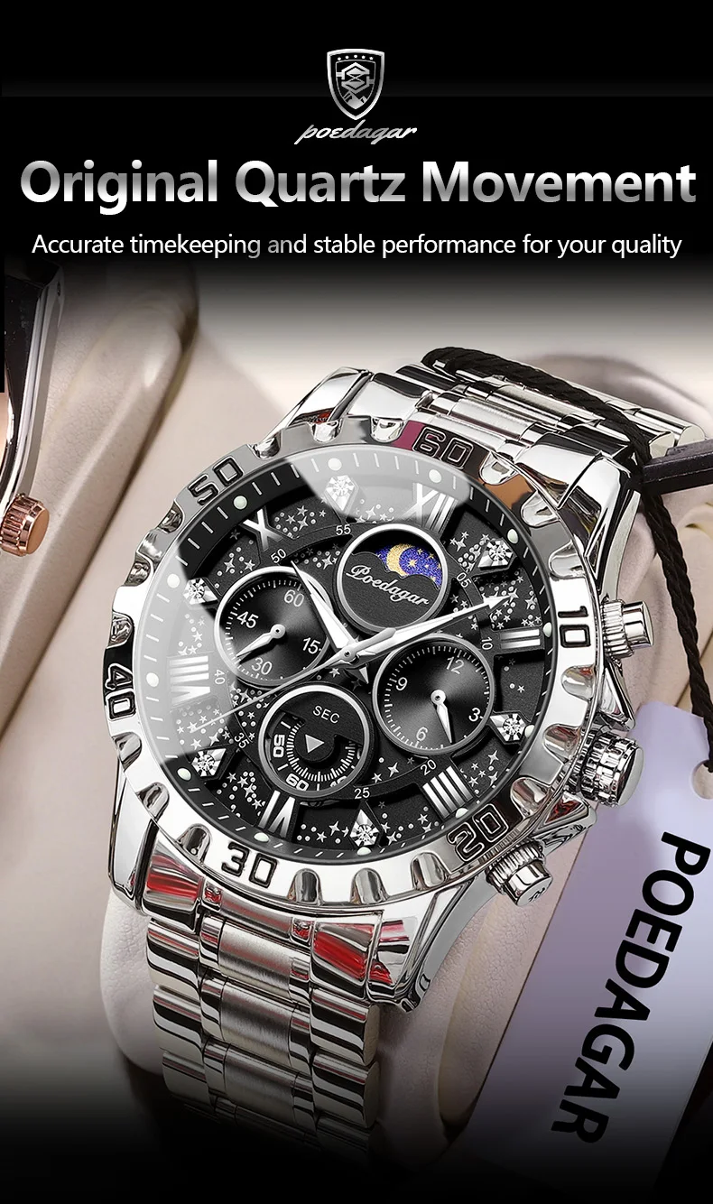 POEDAGAR Luxus Mann Uhr Wasserdicht Leucht Edelstahl Quarz herren Armbanduhr Chronograph Militär Uhren Für Männer Reloj – Detail 8