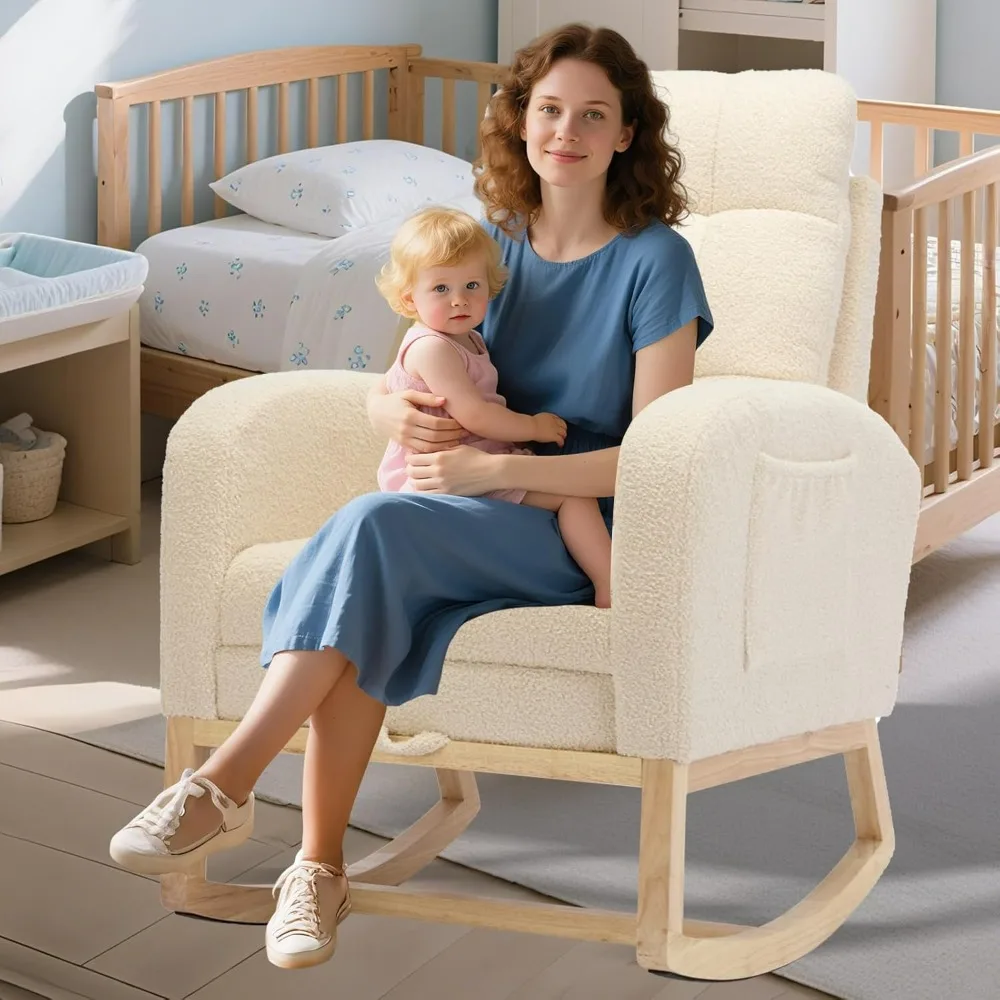 Kursi Goyang Pembibitan Modern, Kursi Goyang Berlapis Teddy Dengan Pijakan Kaki, Kursi Rocker Nyaman Dengan Saku Samping, Rocker C