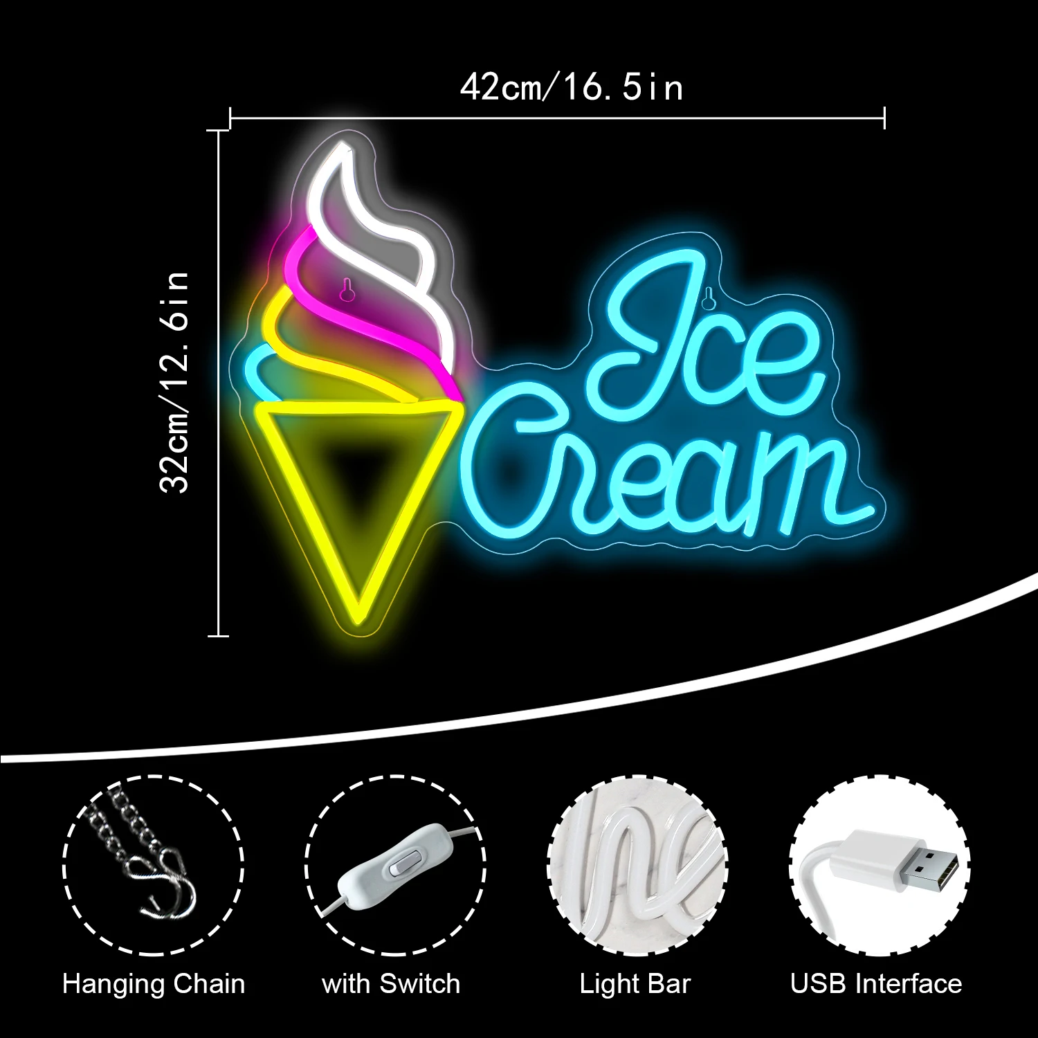 Imagem -04 - Usb Powered Ice Cream Neon Sign Decoração de Parede de Quarto Led Decoração Pendurada na Janela Uso para Sorvete Sobremesa Empresarial Loja Bar Festa