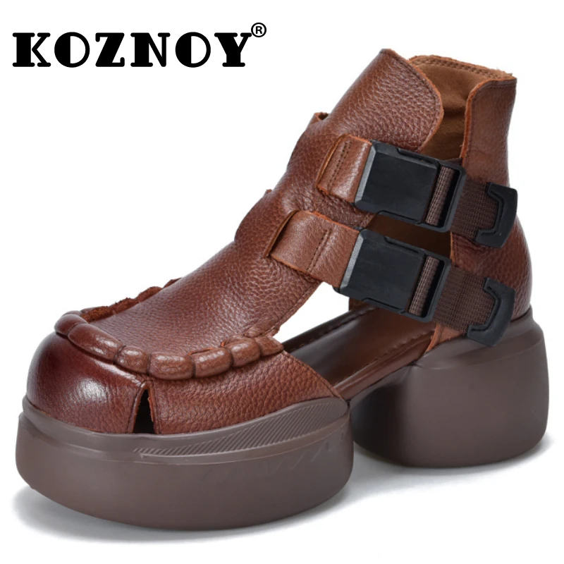 

Koznoy 6.5cm Natural COW Genuine Leather Boots Chimney Fashion Summer Sandals Moccasins Ankle Booties Buckle Women Hollow Shoes