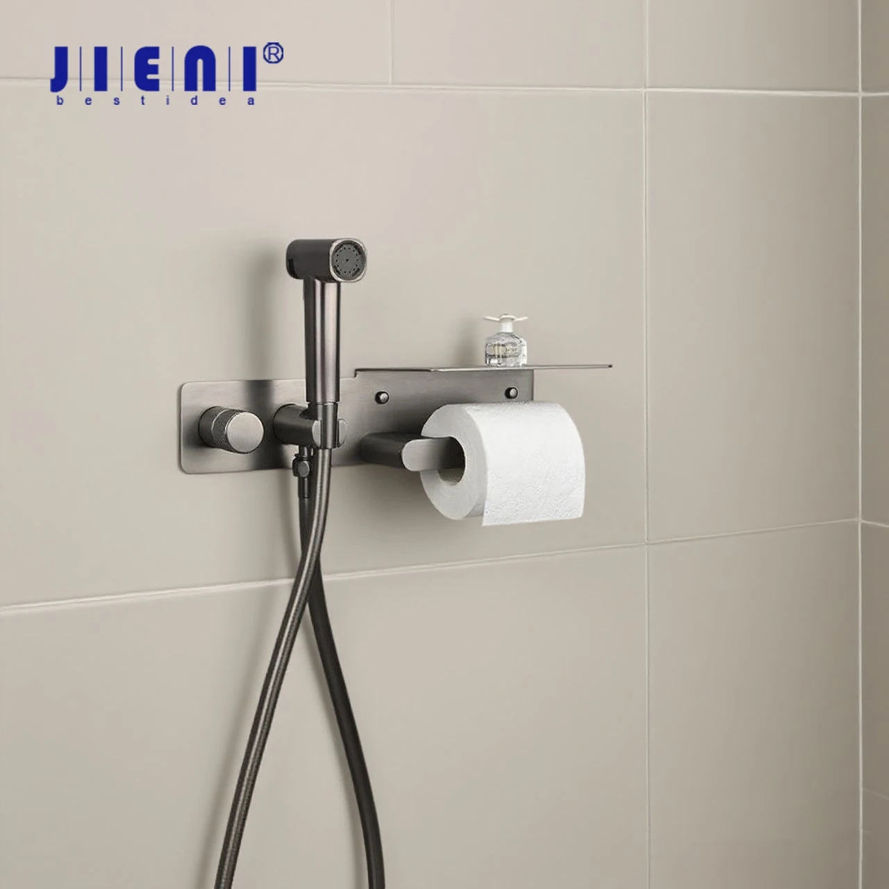 

JIENI Handheld Bidet Sprayer For Toilet Gun Gray Brass Wall-mounted Bathroom Faucets Hygienic Shower Bidet Set W/ Tissue Holder