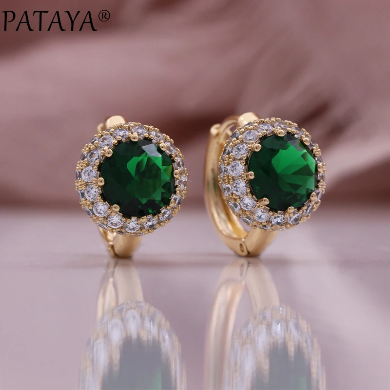 PATAYA New 585 Rose Gold Color Drop Earrings for Women Round Cut Dazzling Red Natural Zircon Accessories Daily Fine Jewelry