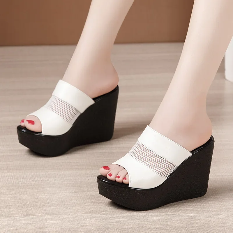 Plus Size 32-43 High Heels Slippers Women Wedding Shoes Summer 2024 Cutout Platform Wedges Slides Ladies Slippers for Office