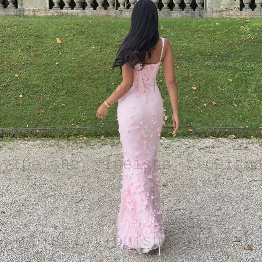 Personalizado gola quadrada sereia vestidos de noite cinta espaguete vestido de festa 3d flores lantejoulas rendas apliques longo vestido de baile