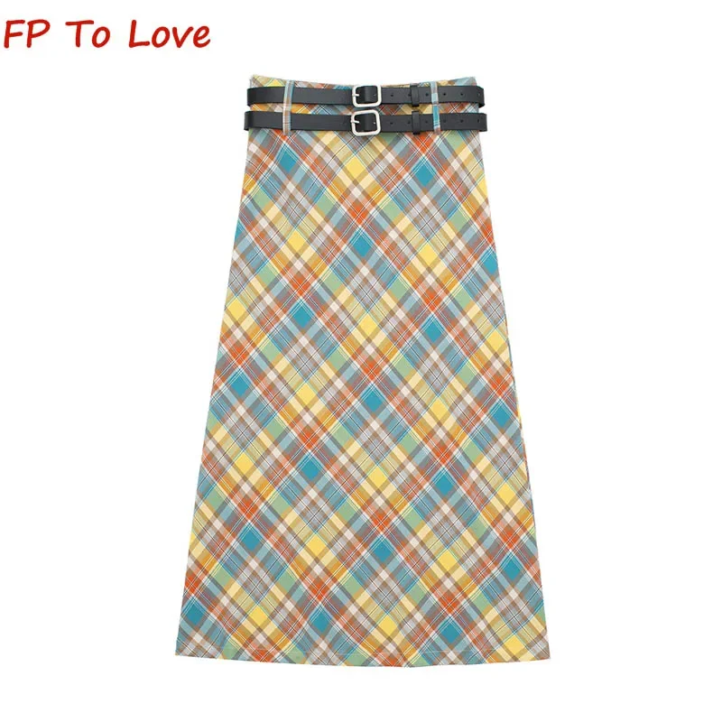 

Spice Girls Retro Double Belt Twill Plaid Half-body Skirt Women Collision Temperament Slim A-line Long Skirt