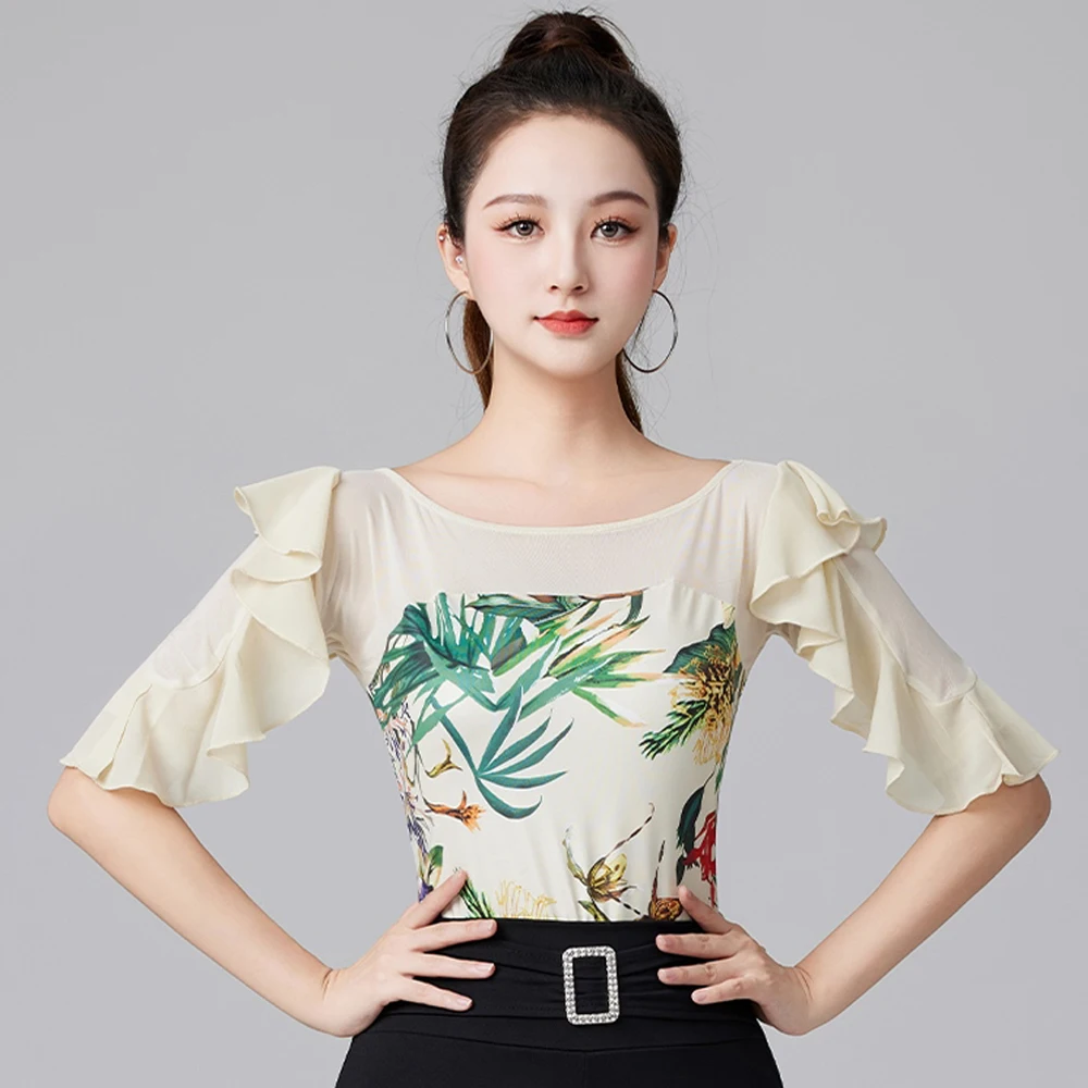 

Latin Dance Practice Clothing Splicing Ruffled Edge Top Elegant Style Modern Dance Outfit Waltz Dance Performance Clothes AMY213