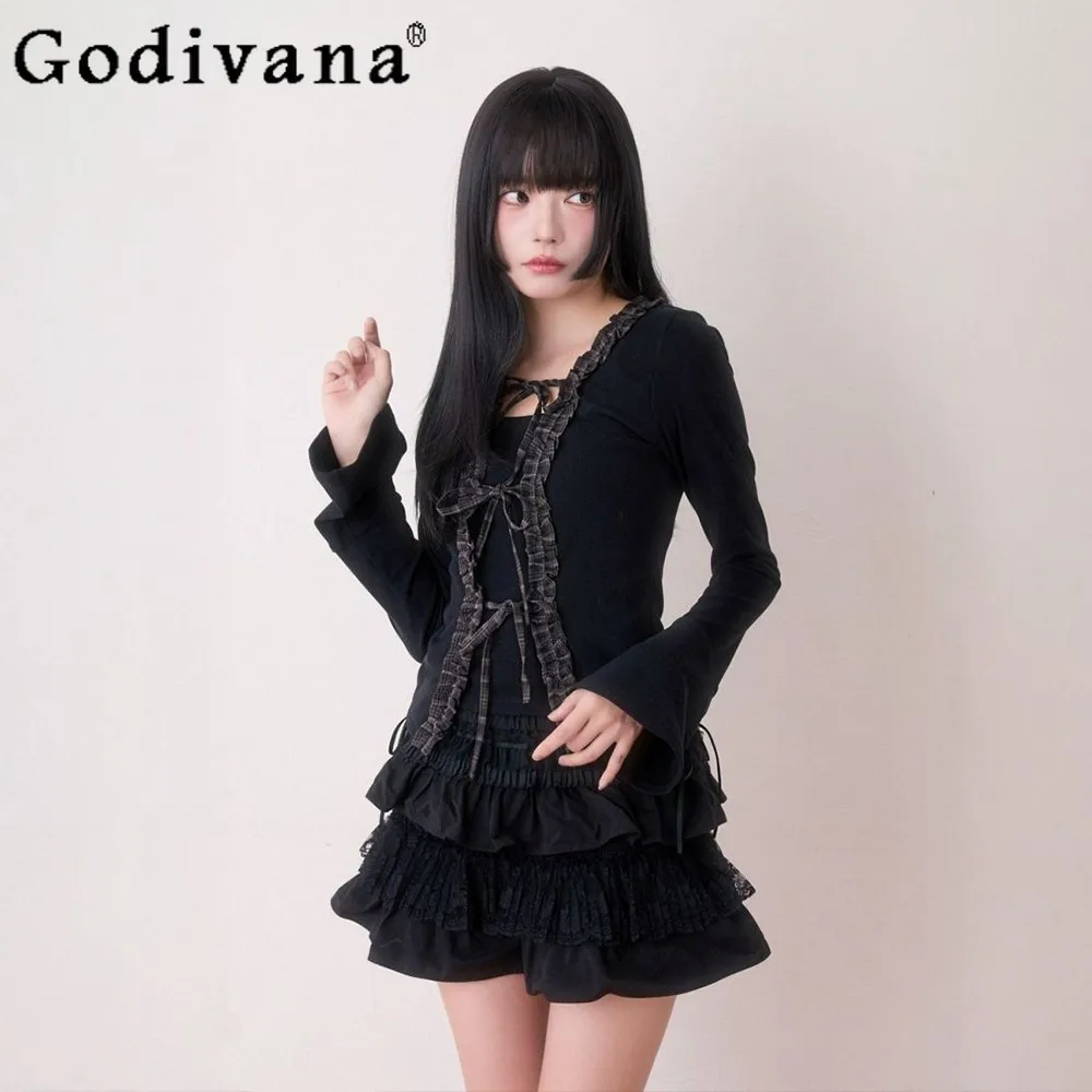 

2026 Spring New Japanese Style Plaid Ruffle Knit Top Faux Two-Piece Long Sleeve Cardigan Sweet Pure Desire Top for Women