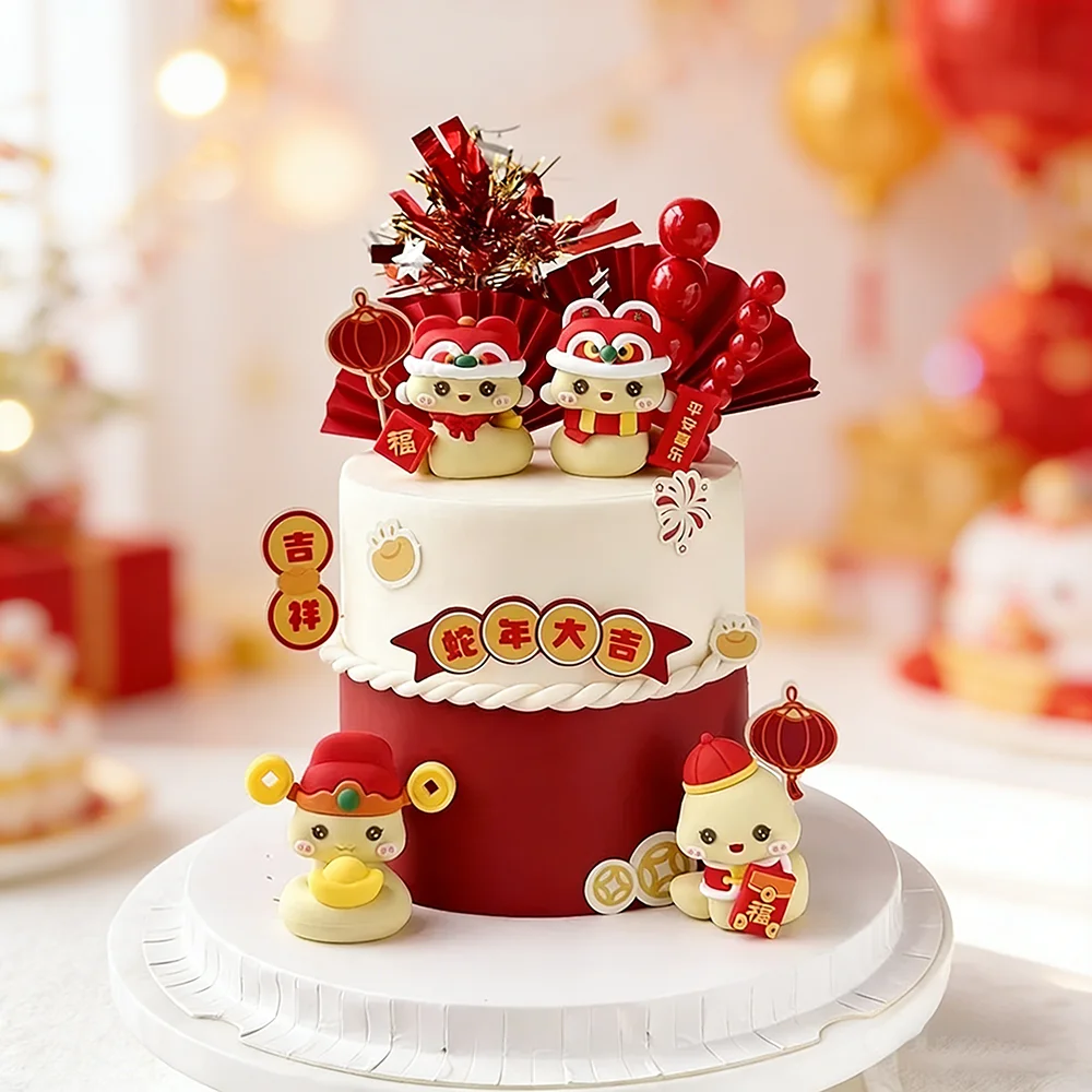 Figurine de serpent en plastique souple de dessin animé avec ornements lingot et enveloppe rouge, pour la décoration de gâteaux du Nouvel An de la Serpe, fournitures de fête