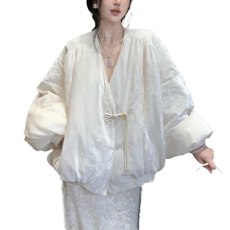 Chinese-style Super Good-looking Cotton-padded Jacket Women Winter High-end Feel Features Chinese-style Button-up V-neck Loose