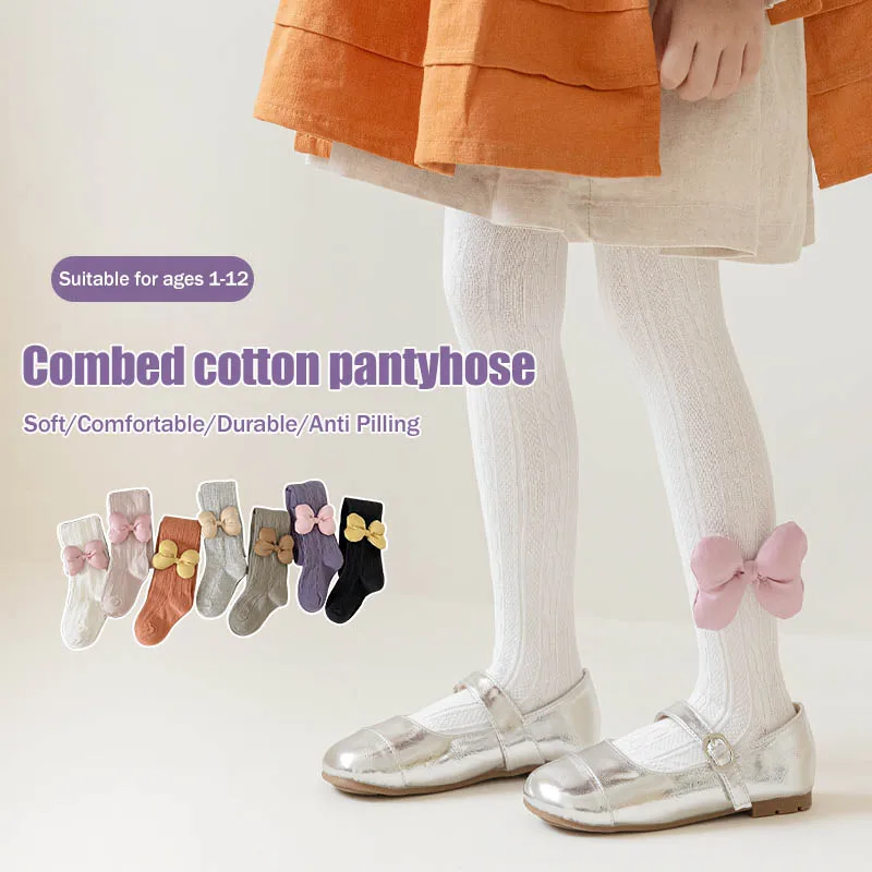 Spring Autumn Baby Tights for 1-12Yrs Girl Ribbed Stockings Knitted Cute Bow Pantyhose High Waist Children Tights