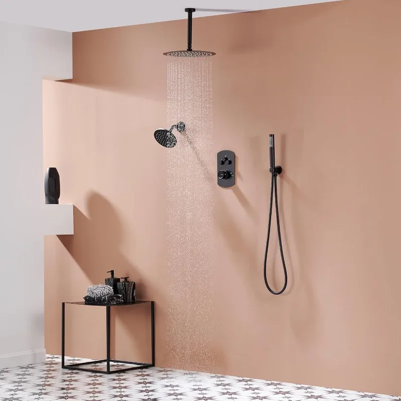 12 Inch Ceiling Mounted Black Shower System, Dual Rainfall Shower Head & High Pressure Handheld Spray Combo, 3-Function