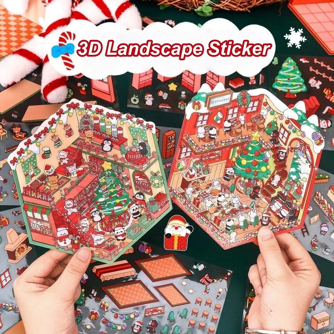 3D Christmas Party Landscape Sticker Gourmet House Miniature Scene Decoration Stickers DIY Decor Mini Landscape Sticker Kids Gif