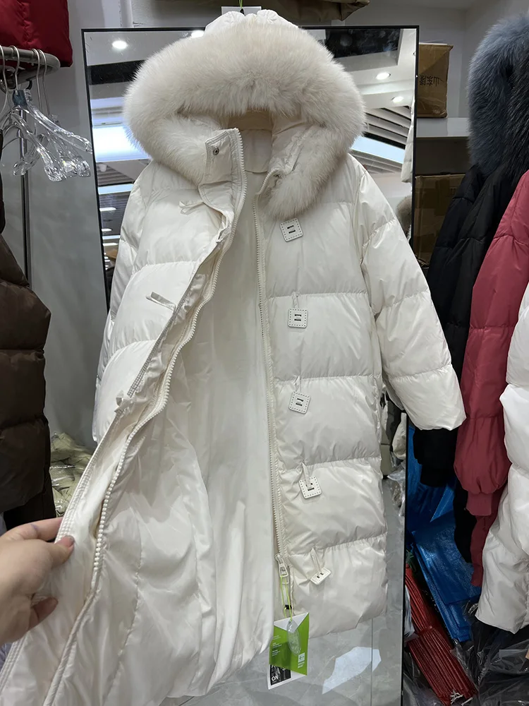 2025 inverno nova jaqueta feminina engrossado sobre o joelho moda versátil quente único breasted pato branco para baixo casaco