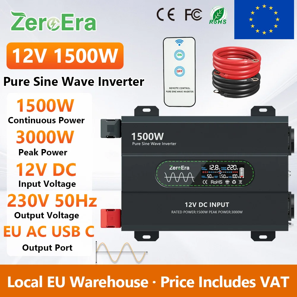 ZeroEra Reiner Sinus-Wechselrichter 12V 1500W Nennleistung 3000W Spitzenleistung auf AC 230V 50Hz mit EU-Steckdosen, USB-C-Anschluss und Fernbedienung für Wohnmobil, LKW, Camper, Reisen, EU-Lager