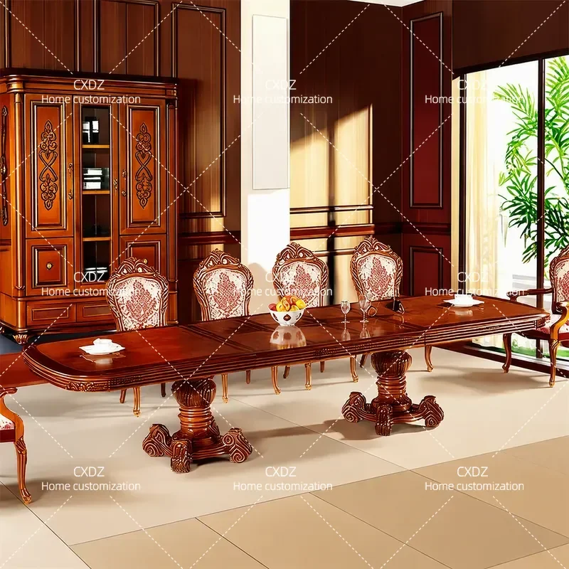 European Solid Wood Long Dining Table 3.5m Rectangular Conference Table for Villa Extendable Negotiation Desk Large Family