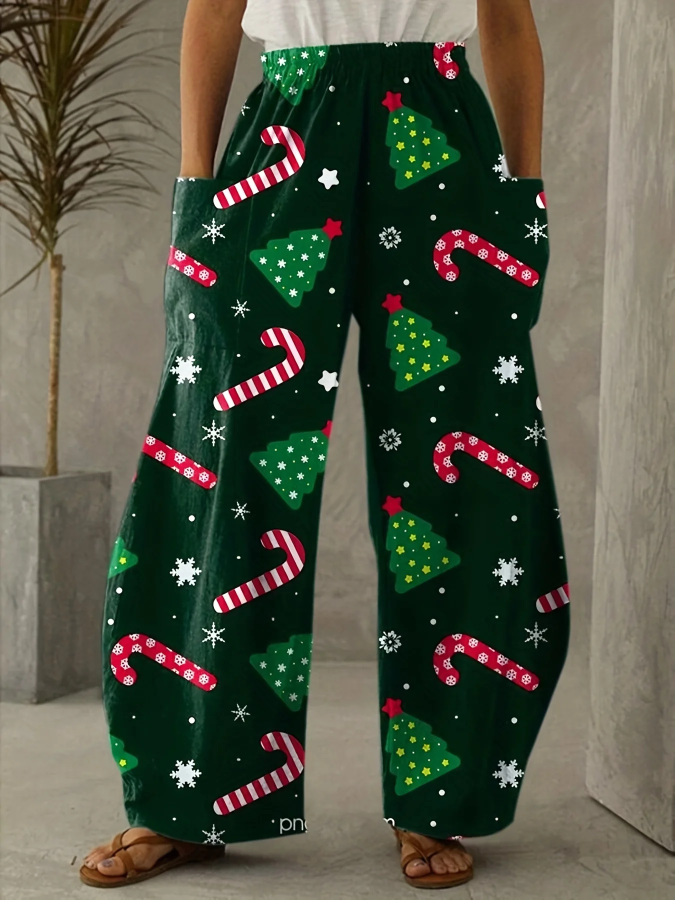 Calça padrão de Natal feminina, bolso duplo impresso em 3D, calça casual de perna larga, moda feminina, roupas tamanho grande