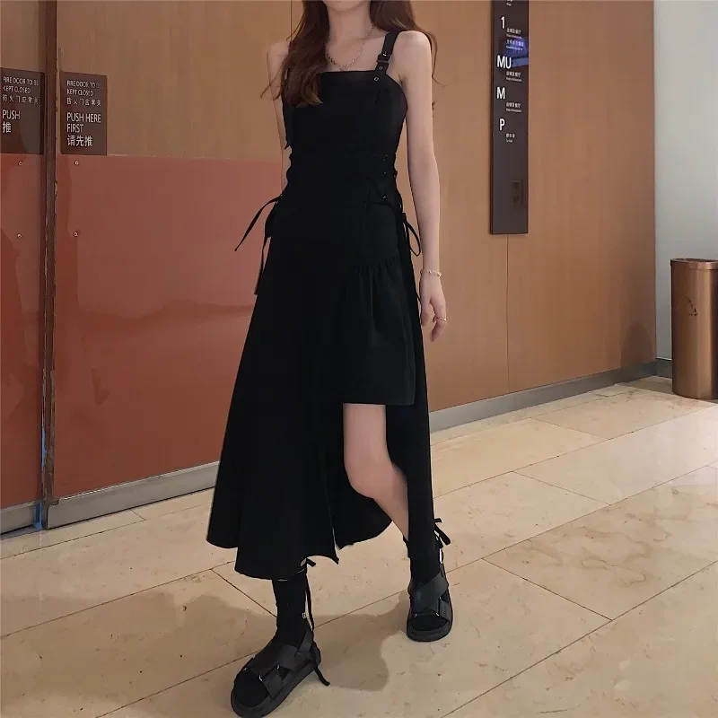 

Mall Goth Short Sleeve Dress Women Gothic Asymmetric Sleeveless Dresses Spaghetti Strap E Girls 2024 Streetwear Dark Academia