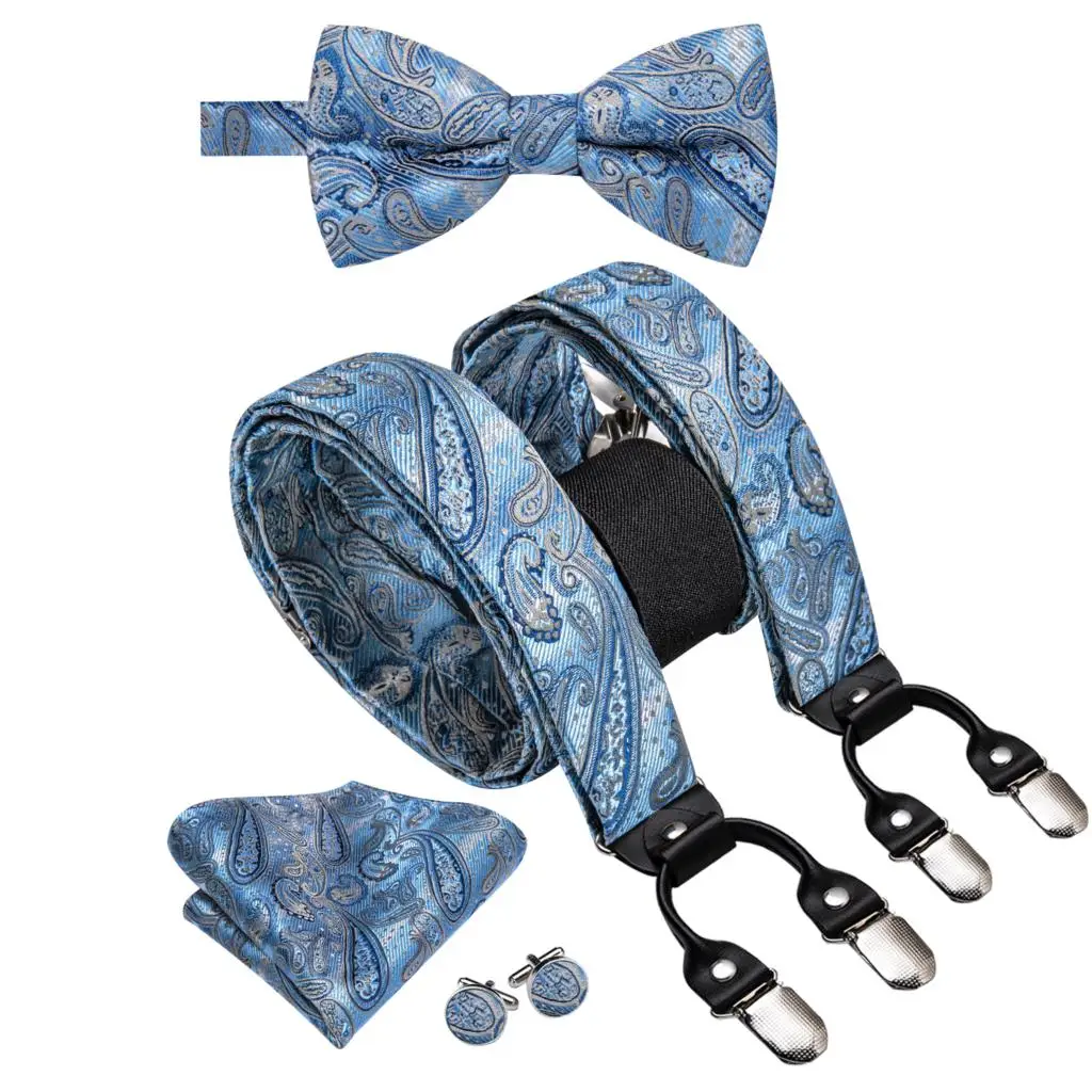 Hi-Tie Light Blue Silk Mens Suspender Bowtie Hanky Cufflink Adjustable Clip On Braces for Male Wedding Business Party Wholesale