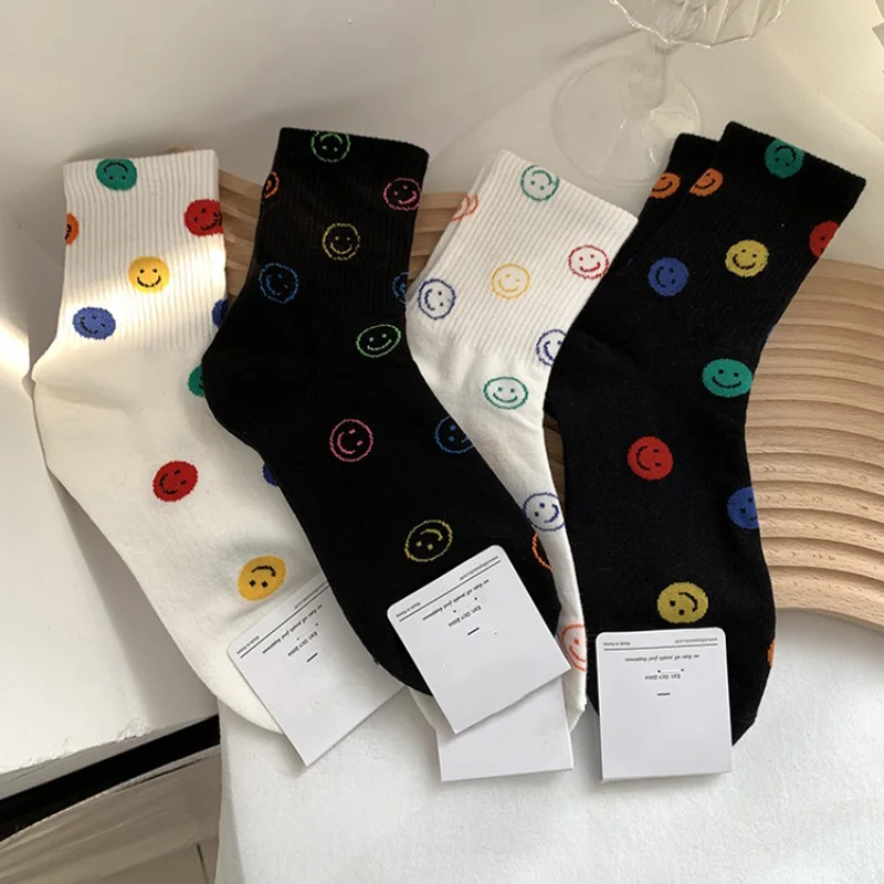 New Men And Women Socks Korean Print Cute Smiling Face Pure Cotton Socks Sweat-absorbing Breathable Mid length Socks