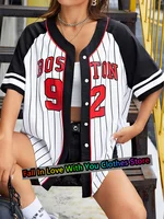 Camiseta de béisbol Boston número 92 para mujer, Jersey de béisbol con botones, ropa de calle deportiva, camiseta de entrenamiento informal de gran tamaño