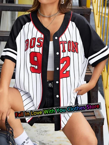 Camiseta de béisbol Boston número 92 para mujer, Jersey de béisbol con botones, ropa de calle deportiva, camiseta de entrenamiento informal de gran tamaño